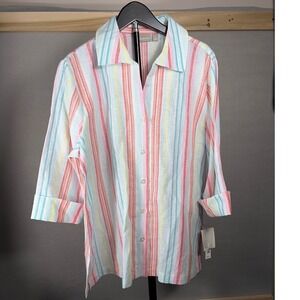 Croft & Barrow Womens L Striped Button Up Shirt 3/4 Sleeve Multi Color NWT